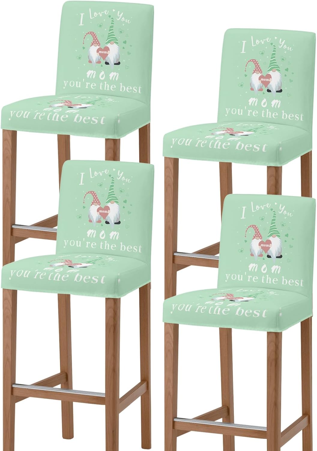 TweetyBed Bar Stool Covers I Love You Mom Stretch Removable Bar Chair Cover Gnome Green Backdrop Counter Slipcovers for Kitchen Pub Dining Room Cafe