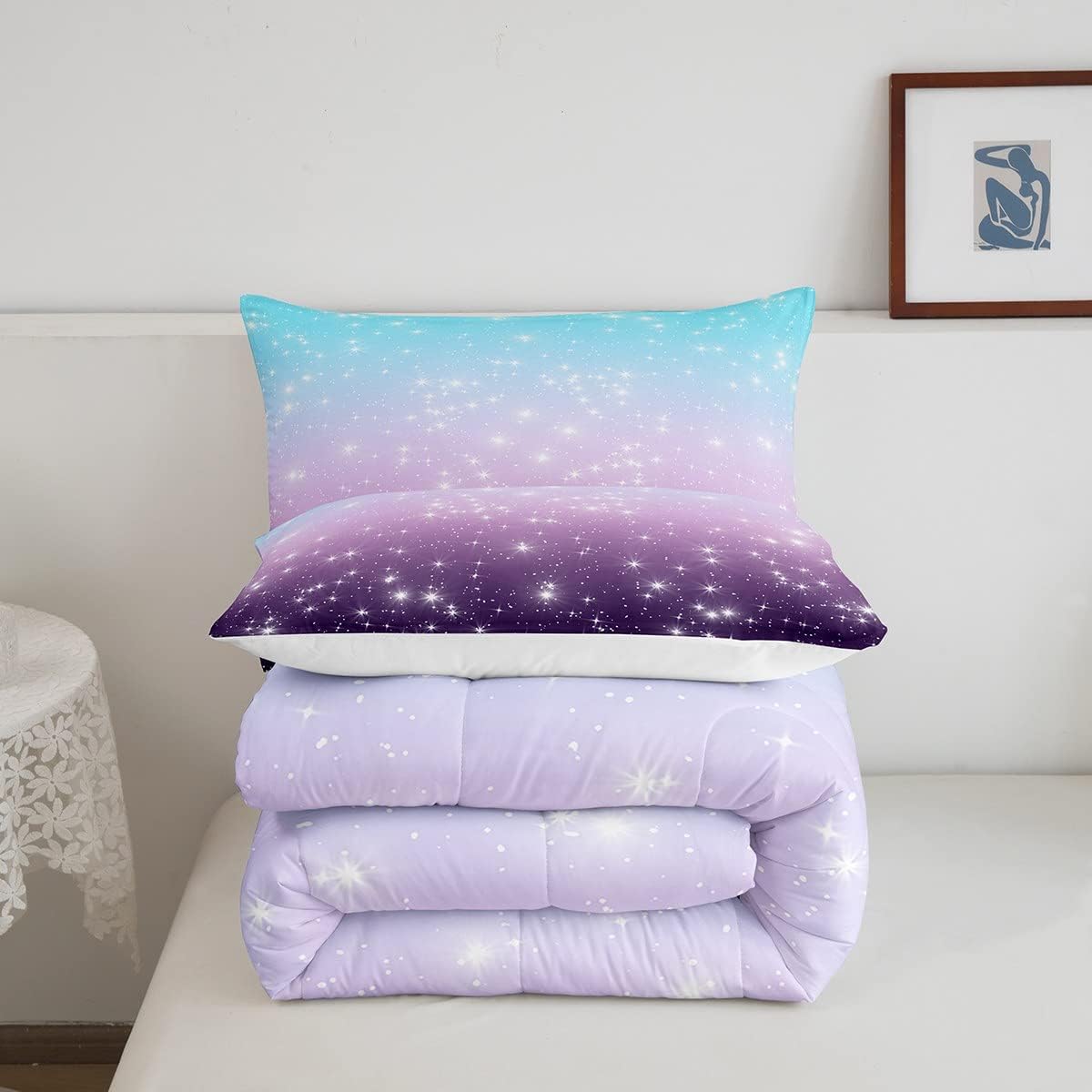 Erosebridal Juego de edredón con purpurina de estrellas espaciales para niños, juego de ropa de cama degradada, azul y morado, tamaño matrimonial,