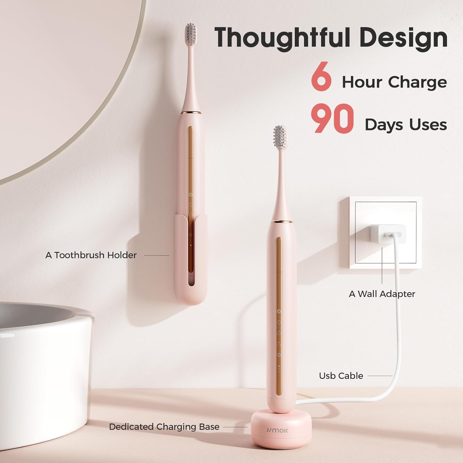 Cepillo de dientes eléctrico sónico con estuche de limpieza mejorado, 1 carga para 90 días de uso (incluye adaptador de pared), juego de cepillos de