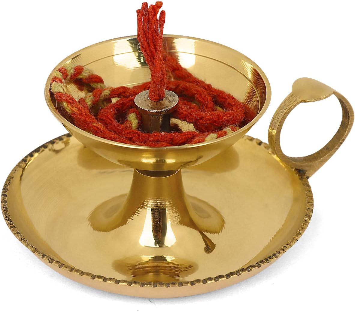 SATVIK Aarti Diya de latón con mango de anillo soportado, lámpara de aceite Puja Jyot de mano Kutthu Vilakku Festive Diwali Mandir Templo Aarti