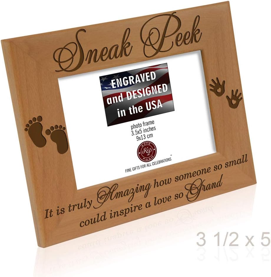 KATE POSH – Marco de ecograma Sneak Peek – Madera natural grabada, regalos para papá nuevo, regalos para mamá nueva (3 12 x 5 horizontal)