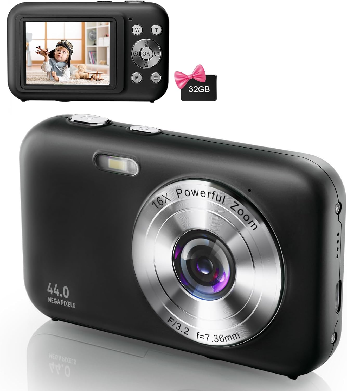 Cámara digital, FHD 1080P para niños con tarjeta SD de 32 GB, cámara de apuntar y disparar de 44 MP con zoom digital de 16X, cámara digital pequeña