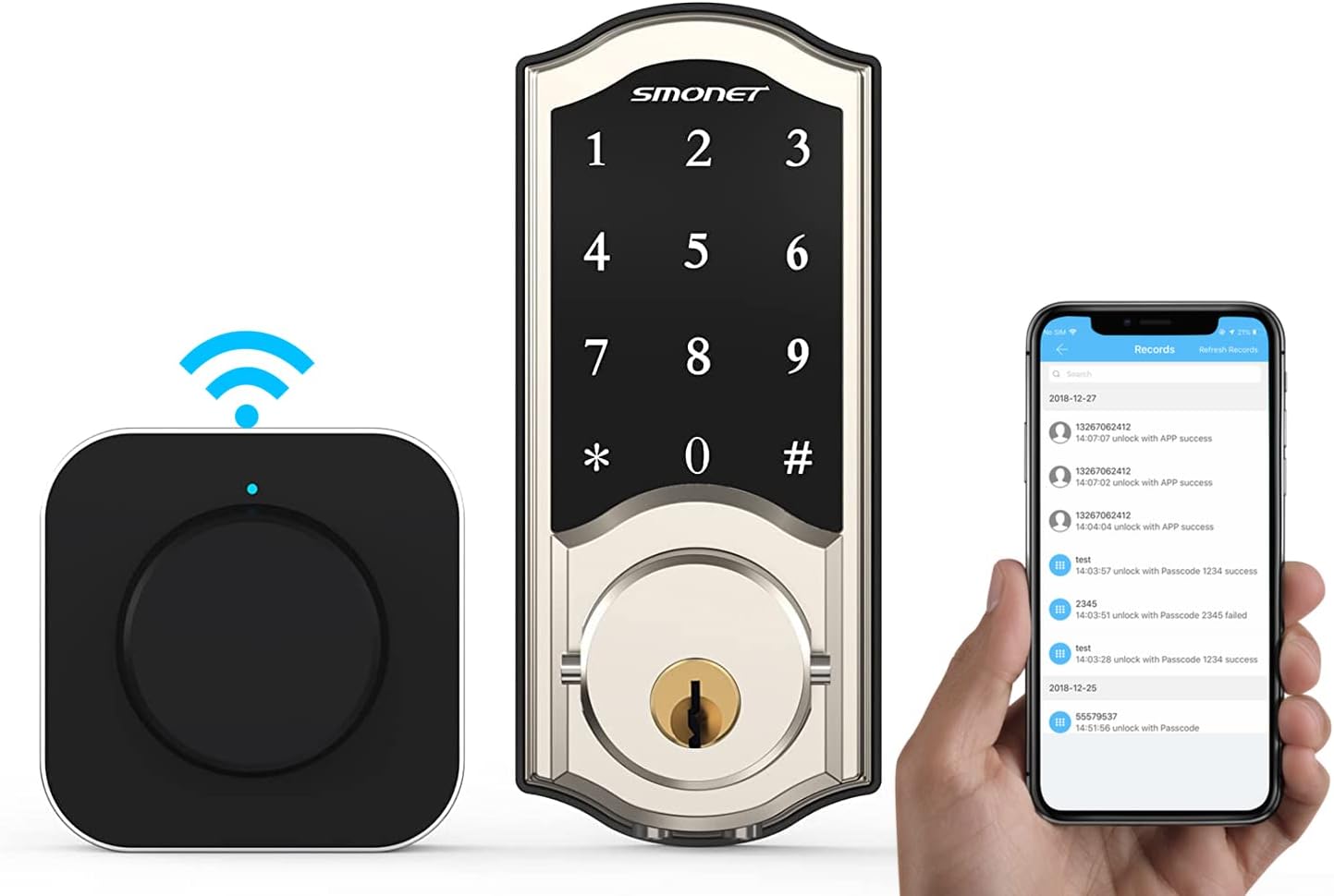 SMONET – Cerradura de puerta WiFi SMONET 5 en 1 con control remoto inteligente para puerta delantera, cerraduras de entrada sin llave, combo de