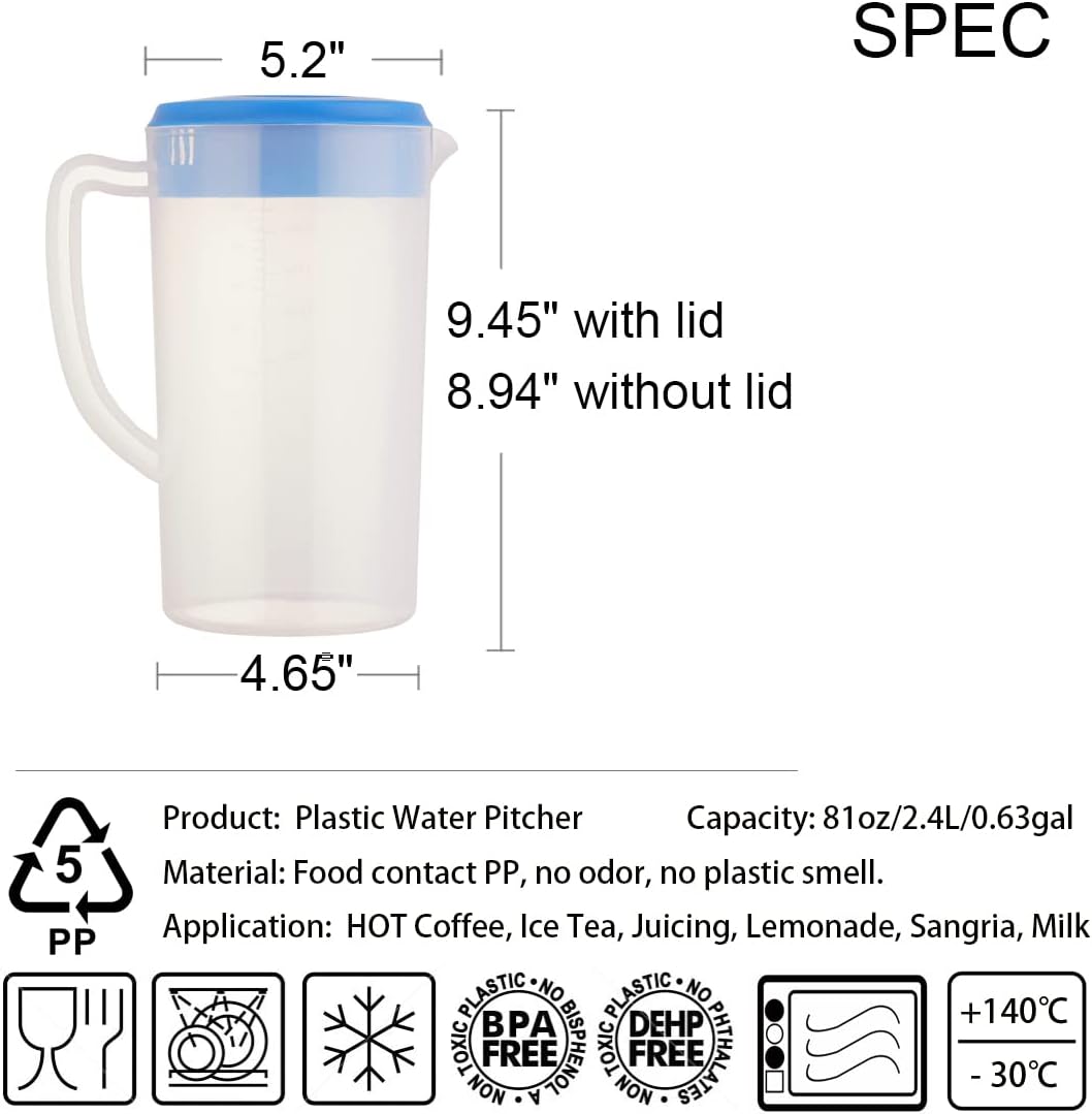 Jarra de agua de plástico de 81 oz2.4 litros0.63 galones con tapa, juego de 2 jarras sin BPA, jarra de agua para bebidas calientesfrías, té helado