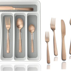 JASHII Juego de cubiertos con bandeja, 20 piezas de acero inoxidable cuadrado cubiertos servicio para 4, acabado mate, utensilios de alimentación JASHII Juego de cubiertos con bandeja, 20 piezas de acero inoxidable cuadrado cubiertos servicio para 4, acabado mate, utensilios de alimentación