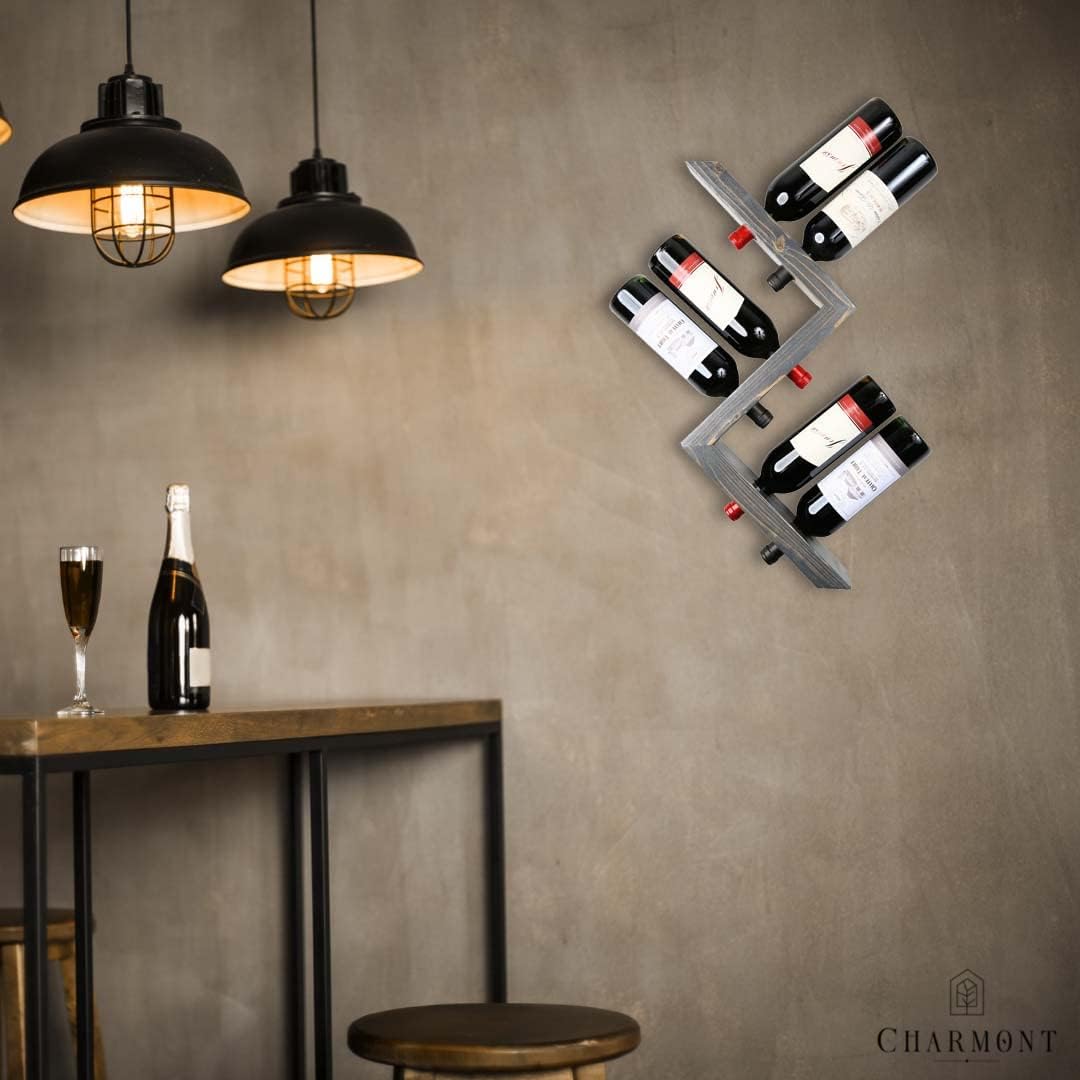 Charmont Estante de madera para vino montado en la pared, soporte rústico de vino en zigzag – Soporte para botellas de vino para bar, almacenamiento