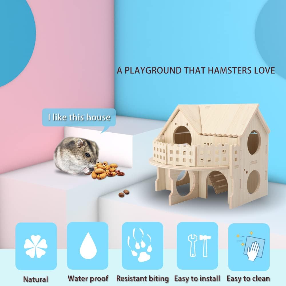 Hámster Forest Lookout Wood House Fun House – Cabaña de dos pisos para jóvenes enanos, jerbos, ratones, ratones, ratas, animales pequeños (solo para
