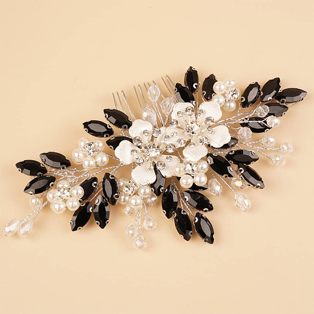 Peine de pelo con diamantes de imitación de cristal negro con flores plateadas, perlas, lágrima y diamantes de imitación, diadema de boda, perlas,