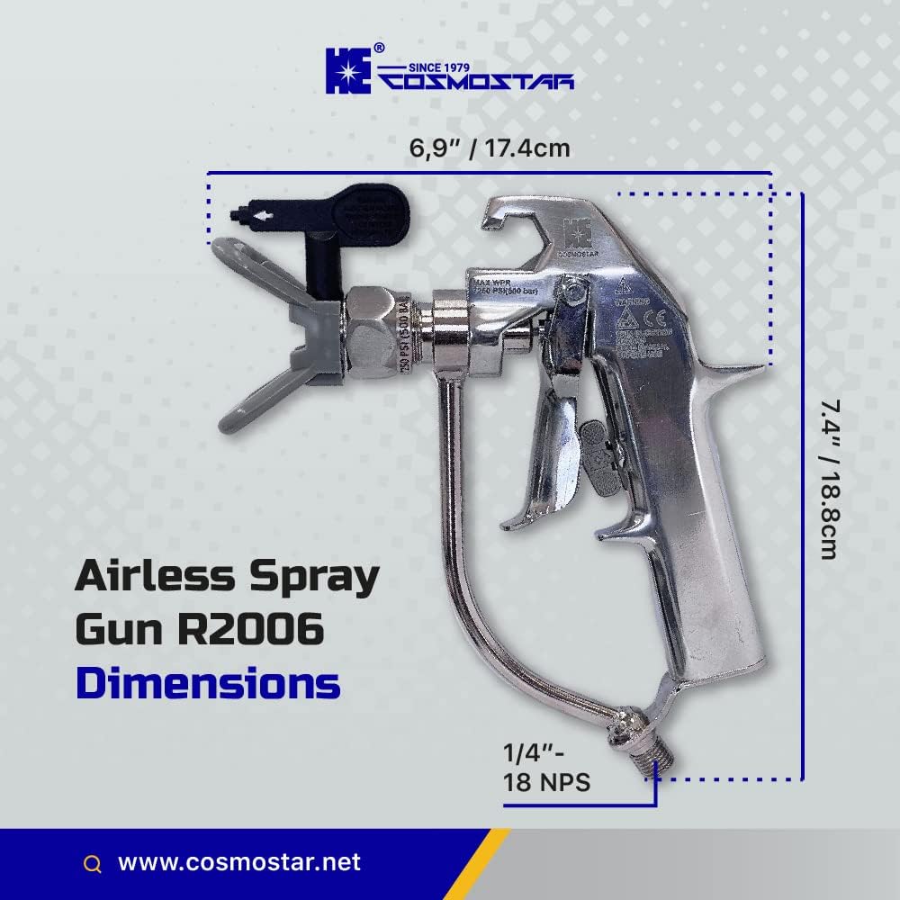 Cosmostar R2006 Pistola de pintura sin aire plateada para pulverizadores de pintura sin aire para aplicaciones de alta presión, gatillo de 2 dedos,