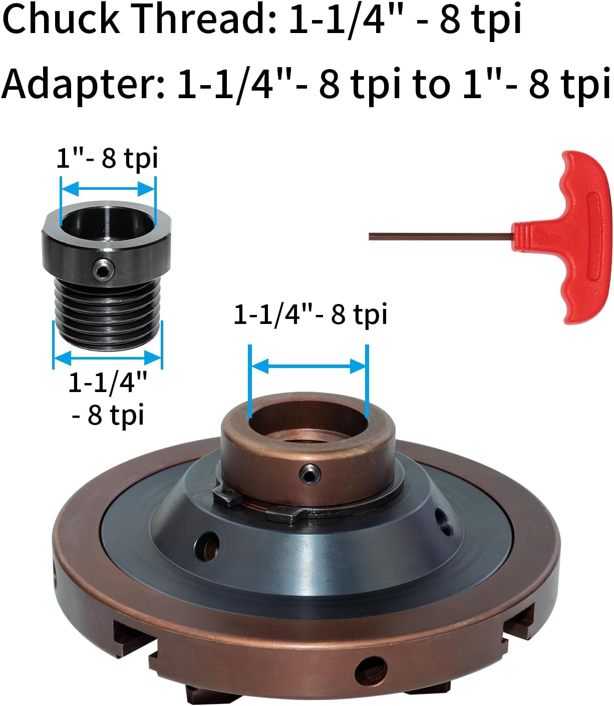 Juego de mandril de torno de madera de 6 pulgadas, rosca de 1-14 x 8 tpi y adaptador de 1 x 8 tpi, juego de mandíbulas de torneado de madera de 4