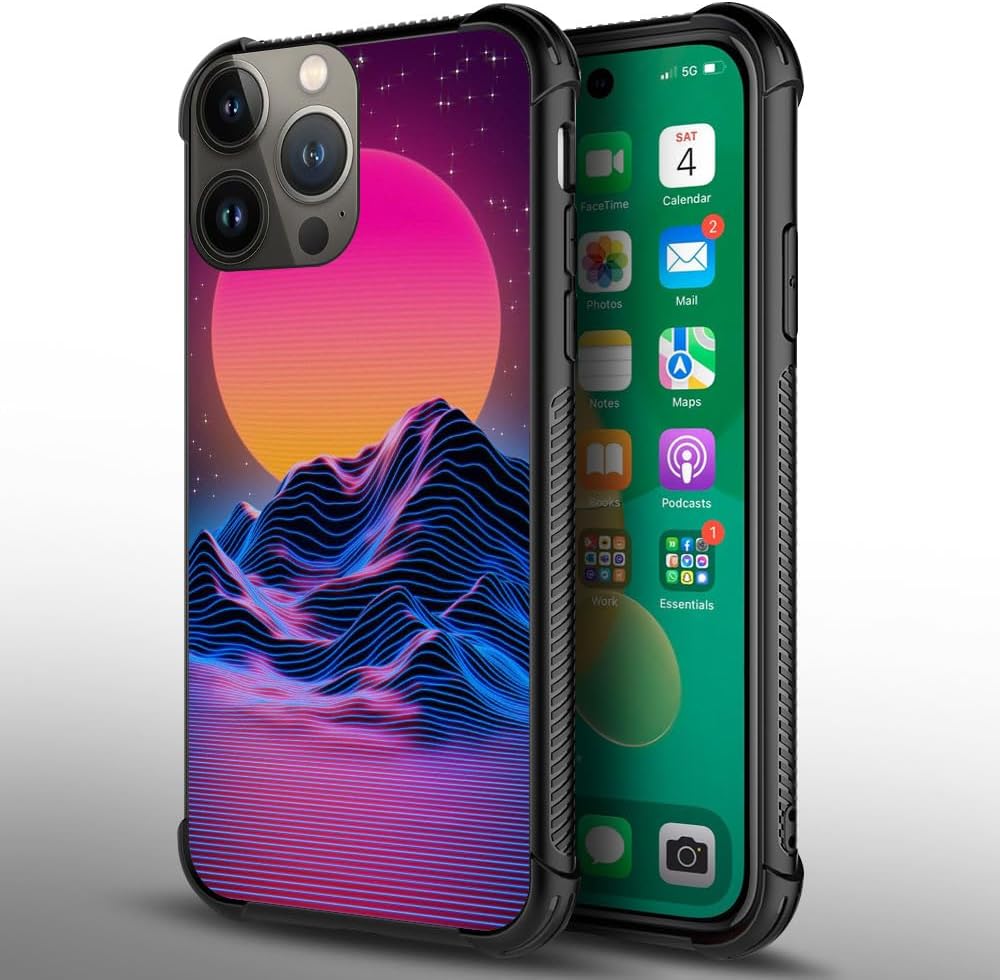 CARLOCA Funda compatible con iPhone 15 Pro, fundas Synthwave con patrón retro de paisaje morado para iPhone 15 Pro, ultra protección, a prueba de