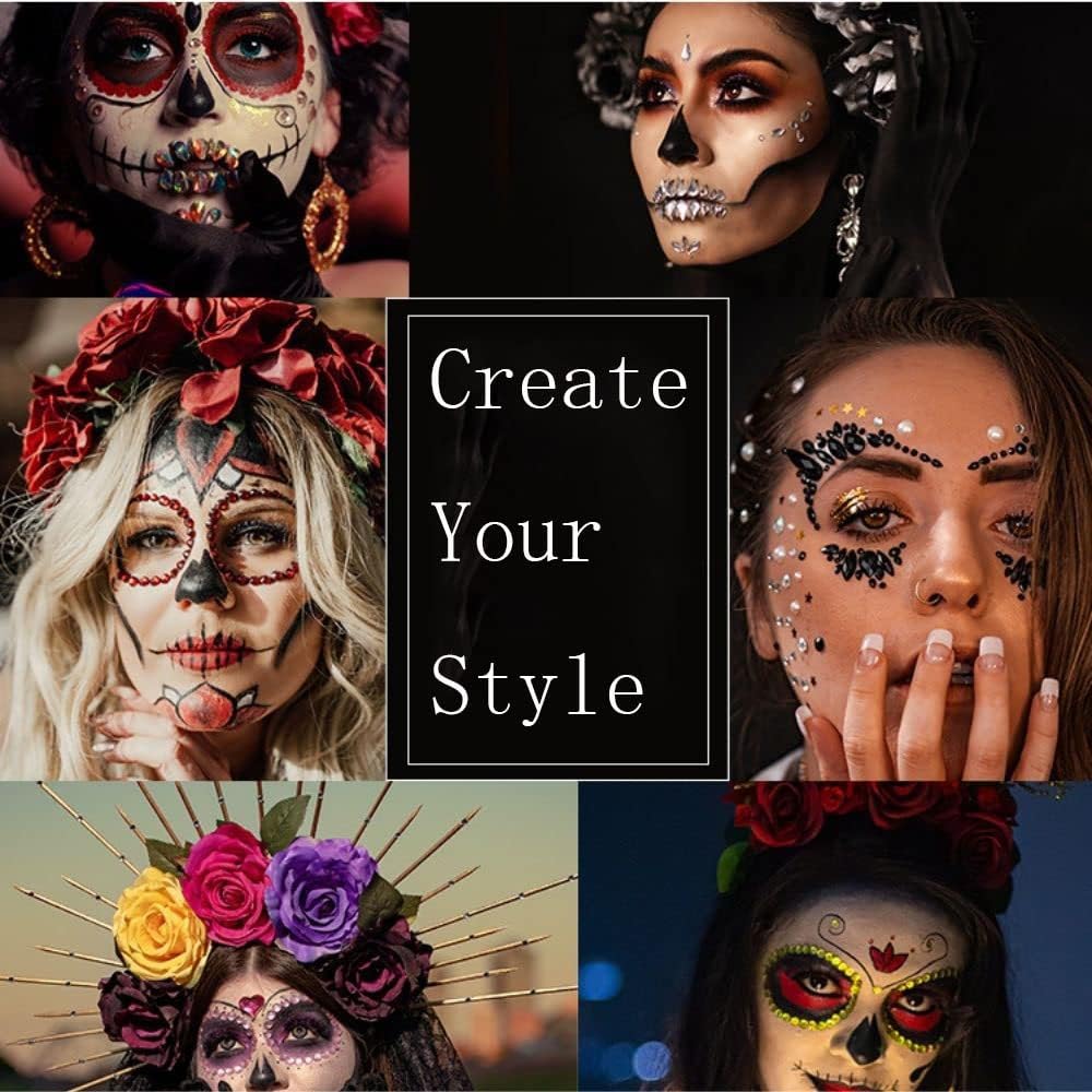 Paquete de 4 calcomanías de cristal negro para Halloween, tatuajes faciales, diseño de festival de Halloween, diseño de cara de sirena, diamantes de