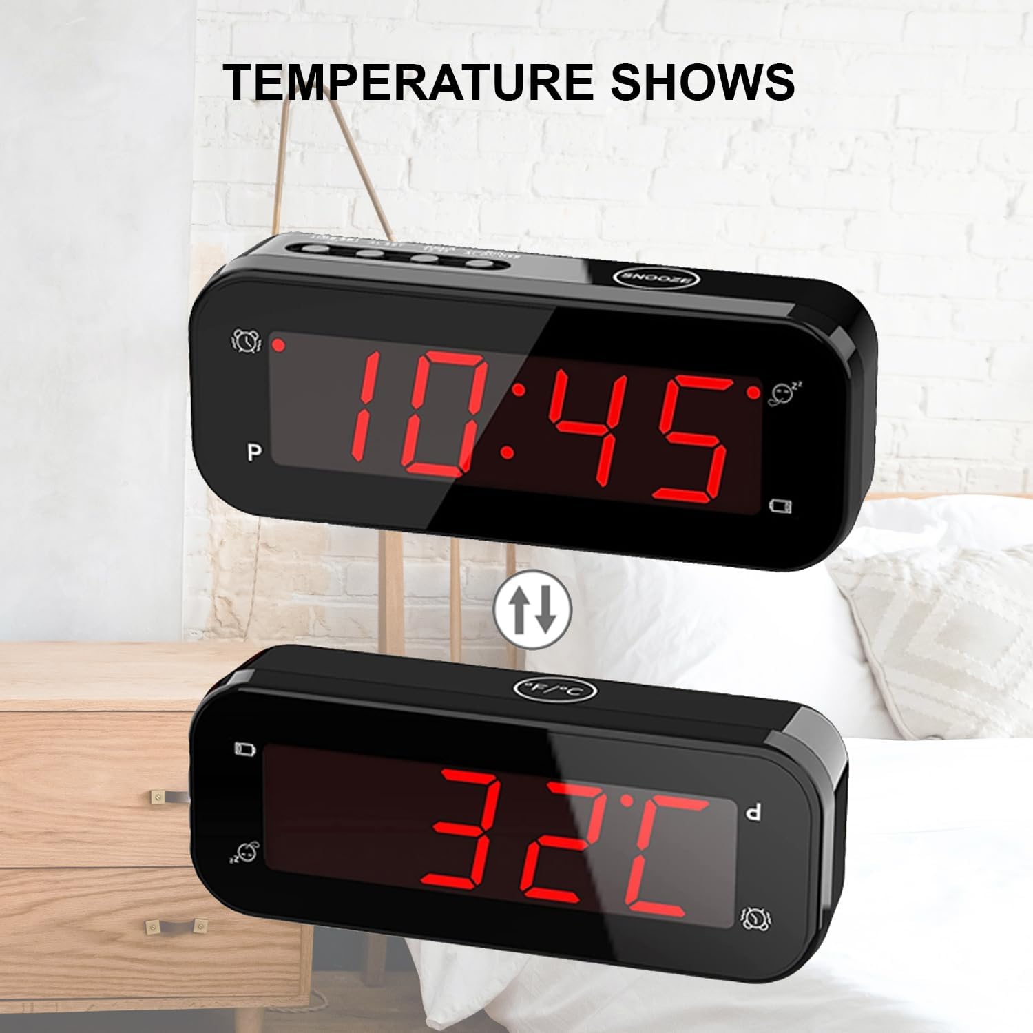 Reloj despertador digital pequeño con pantalla de temperatura, funciona con pilas, brillo ajustable, repetición, 1224 horas, inalámbrico, modo