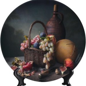 Still Life – Plato decorativo de cerámica de frutas, plato decorativo de uvas y granadas, con soporte vertical, placa de porcelana artística, apto Still Life – Plato decorativo de cerámica de frutas, plato decorativo de uvas y granadas, con soporte vertical, placa de porcelana artística, apto
