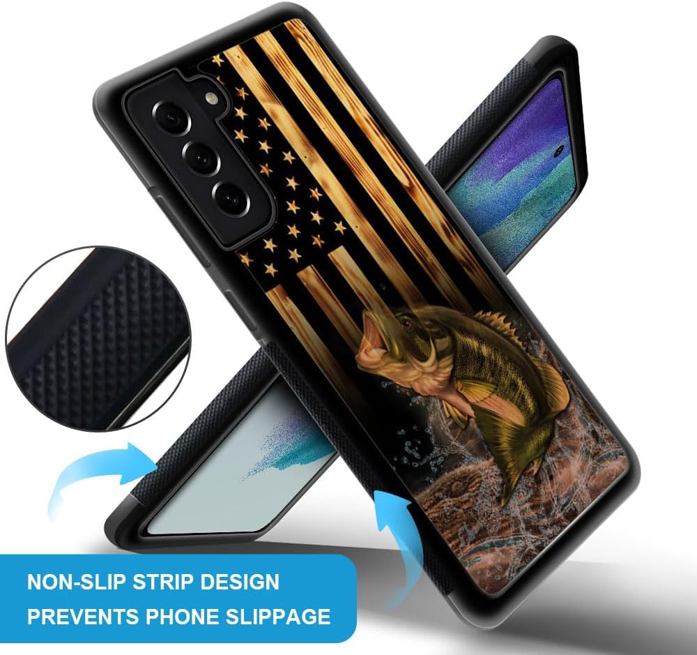 DJSOK Funda compatible con Samsung Galaxy S22 Ultra, diseño de madera con diseño de peces y bandera estadounidense + funda protectora de silicona