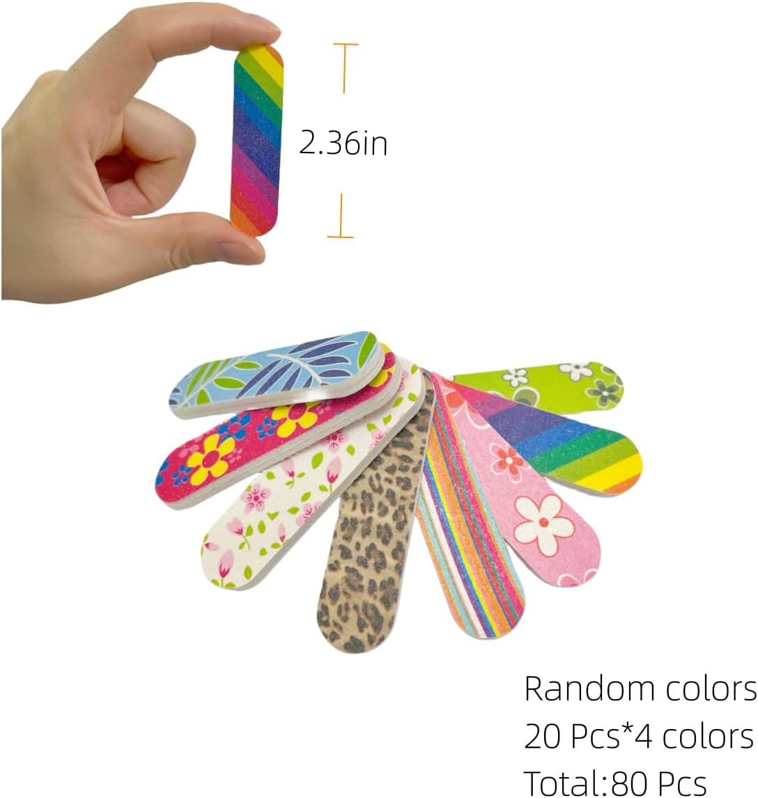 80 limas de uñas desechables de doble cara para uñas, mini lima de uñas arcoíris, limas de uñas florales coloridas, a granel para uso en el hogar y