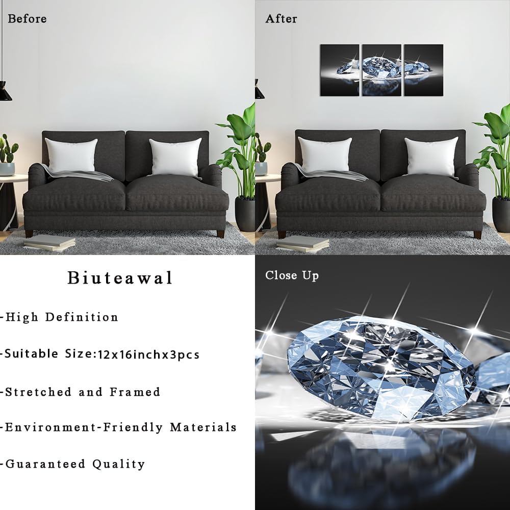 Biuteawal Arte de pared blanco y negro de 3 paneles, diamantes de lujo sobre fondo negro, impresión sobre lienzo, pintura de moda, decoración del