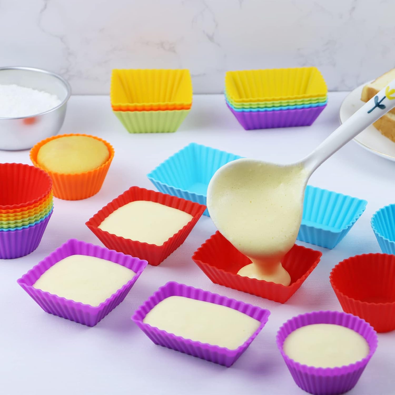 Paquete de 12 forros de silicona para magdalenas, tazas reutilizables para hornear muffins, molde de silicona de grado alimenticio, divisor de