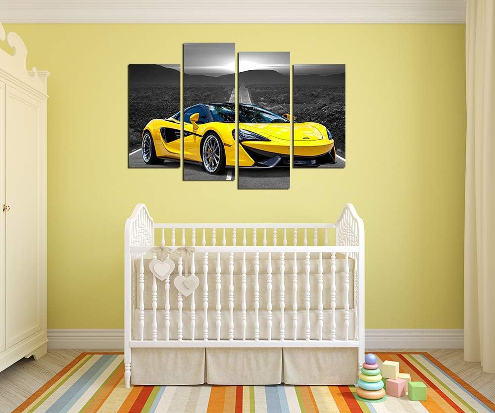 Póster de pared en blanco y negro, 4 piezas de automóvil deportivo amarillo grande, lienzo para habitación de niños, dormitorio, sala de estar,