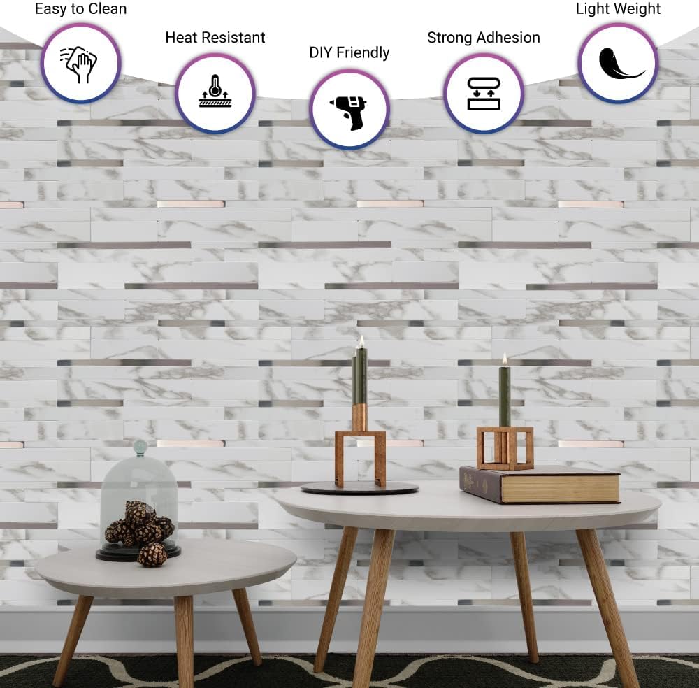 10 hojas de azulejos de pared de PVC para despegar y pegar, 8.8 x 10.9 pulgadas, para cocina, baño, lavandería, cámper, chimenea (metal espejo