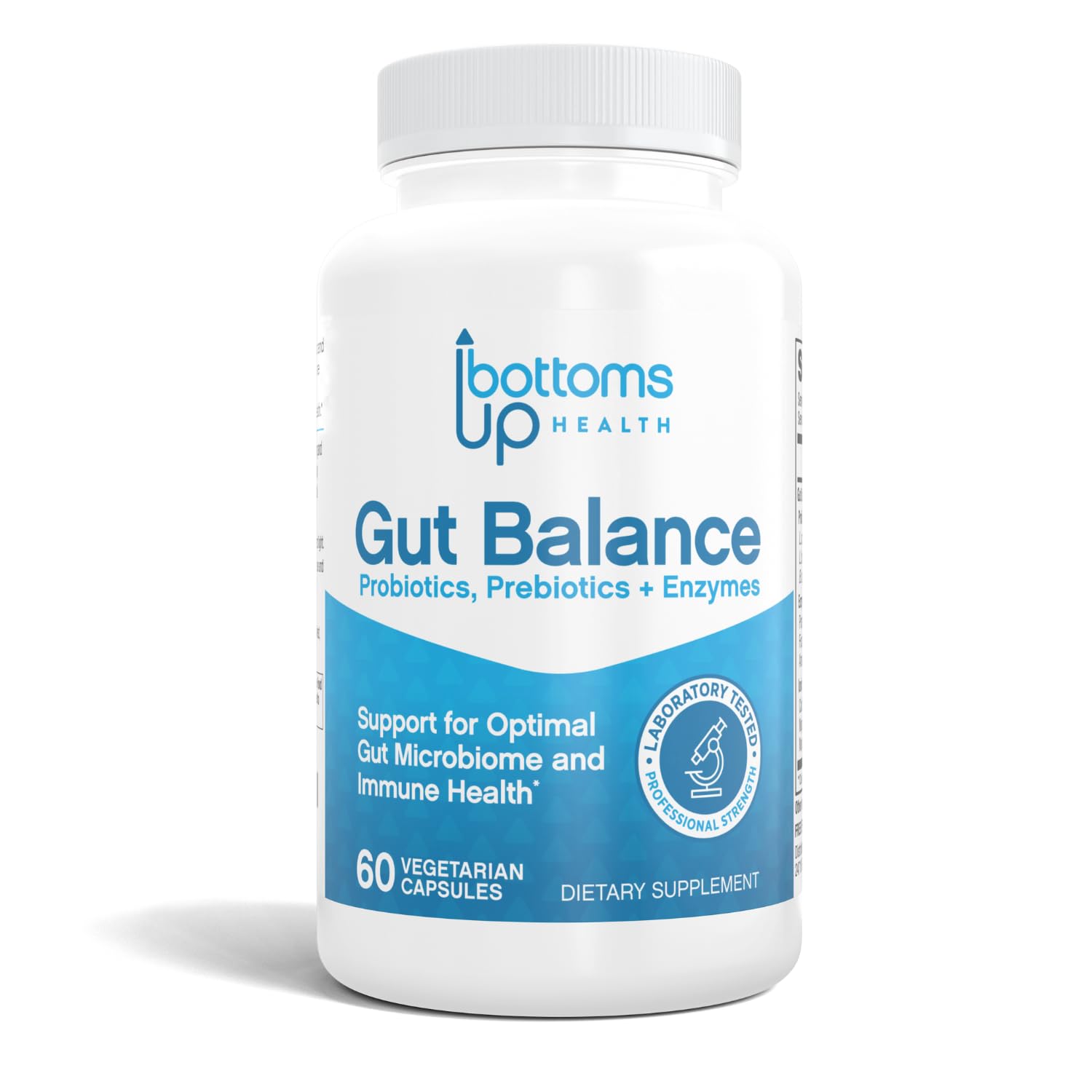 BOTTOMS UP HEALTH Suplemento de equilibrio intestinal mezcla de probióticos y prebióticos con enzimas y minerales – 60 cápsulas vegetales para apoyo