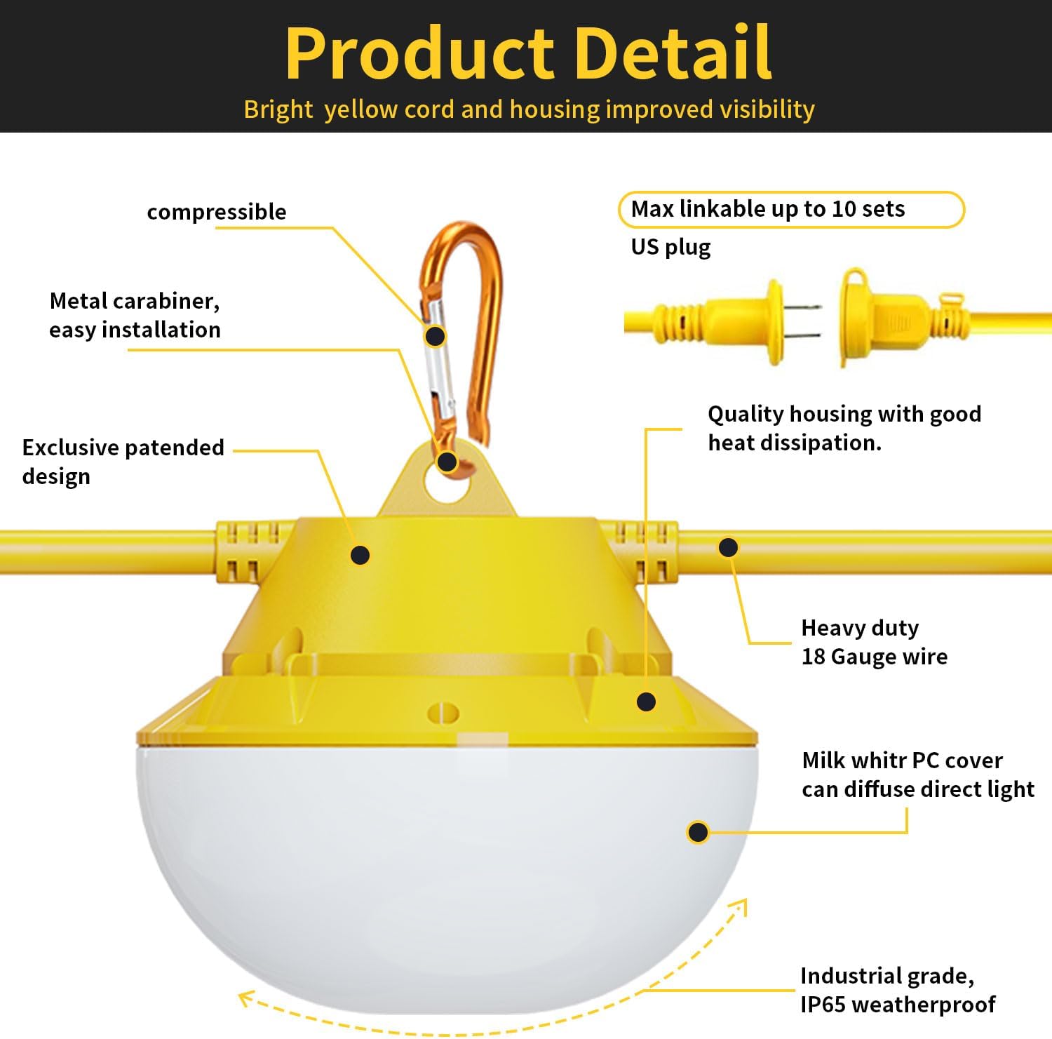Cadena de luz de construcción de 50 pies, 80 W, 5000 K, brillante, 8000 lúmenes, luces de trabajo para construcción temporal, sitio de trabajo,