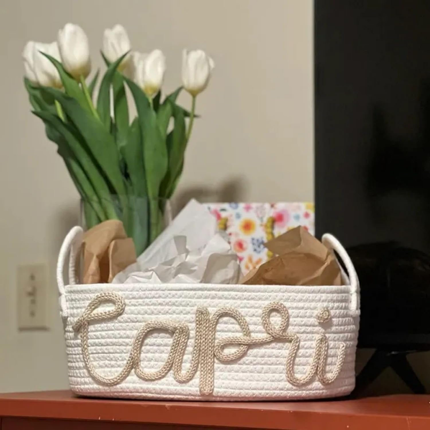 Custom Baby Name Basket, Baby Shower Gift Basket, Diaper Caddy For Baby Girl-Cotton Rope Diaper Caddy,Diaper Organizer For Changing Table (Option 1)