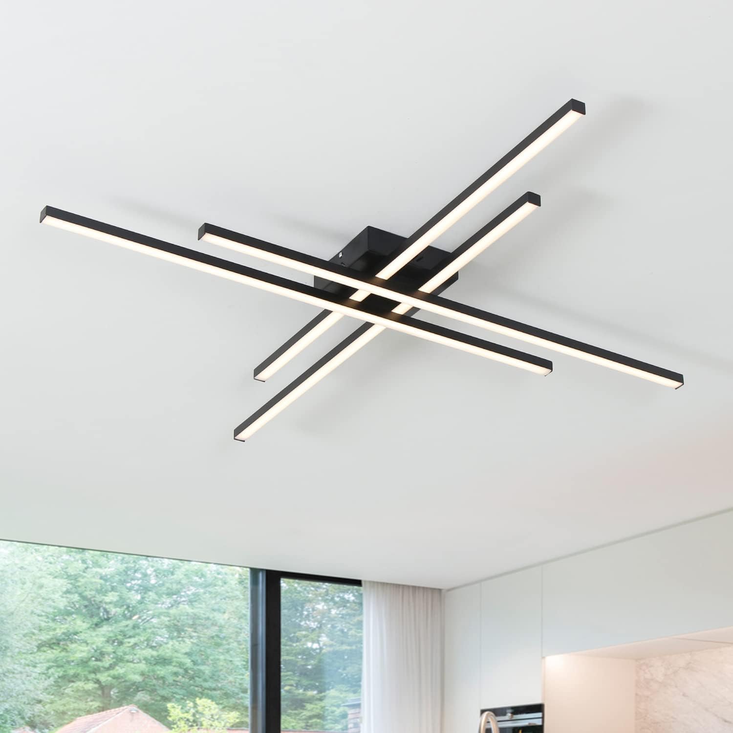 Lámpara de techo moderna con control remoto regulable LED semiempotrado negro para sala de estar, comedor, dormitorio, cerca de techo, lámpara de 38
