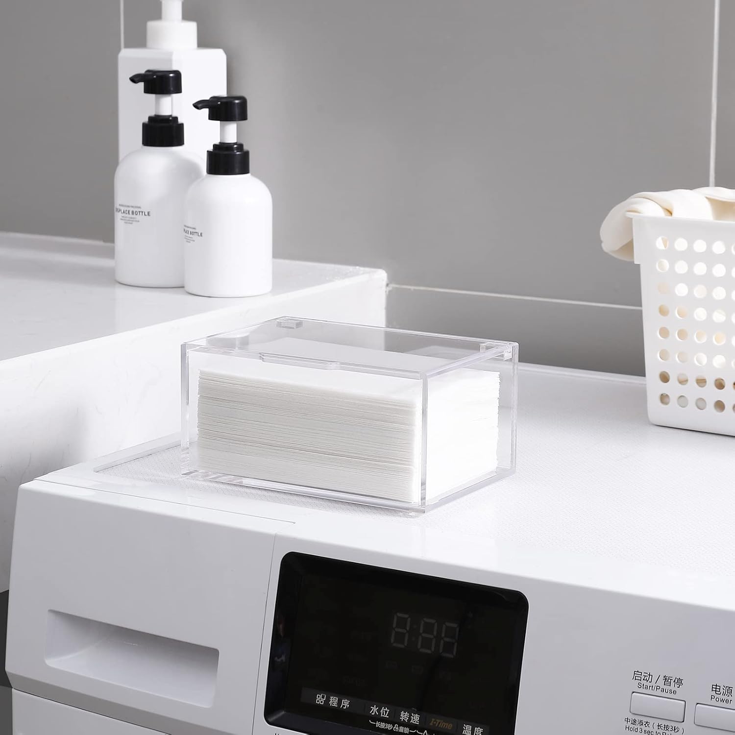 rejomiik Soporte de hojas de acrílico para secadora, caja dispensadora de hojas de secadora transparente con tapa y película antiarañazos para