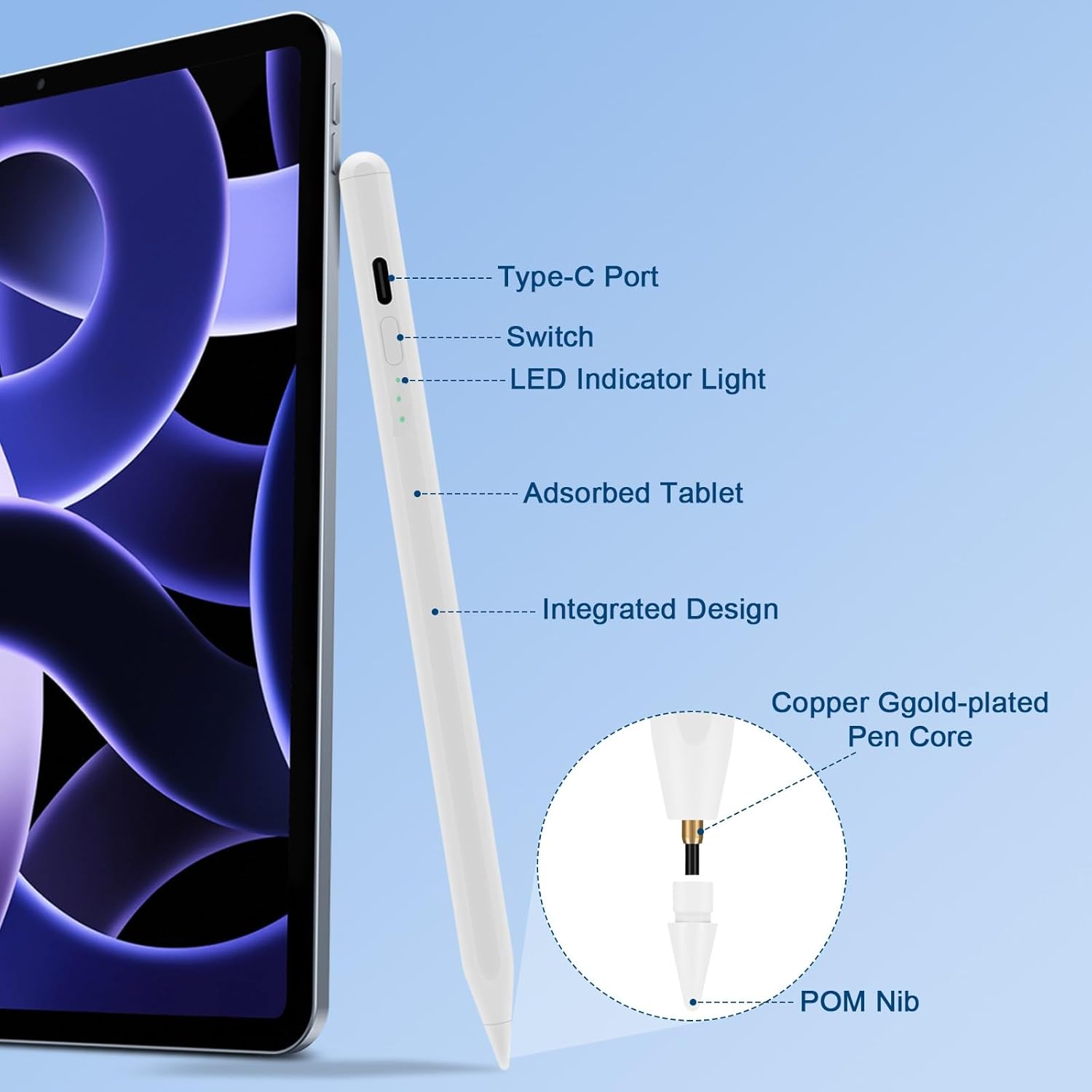 Lápiz óptico para iPad de 10 generación, carga completa de 15 minutos para iPad Pencil compatible con Apple iPad 6-10 2018-2023, Pro de 1112.9