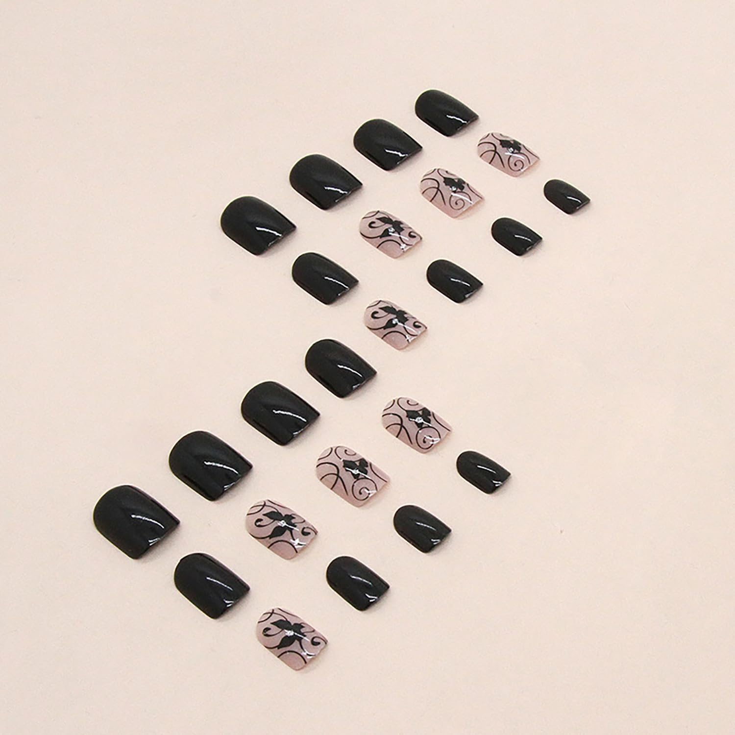 Uñas postizas acrílicas artificiales cuadradas cortas negras con diseño de mariposa de diamantes de imitación, cobertura completa, reutilizables,