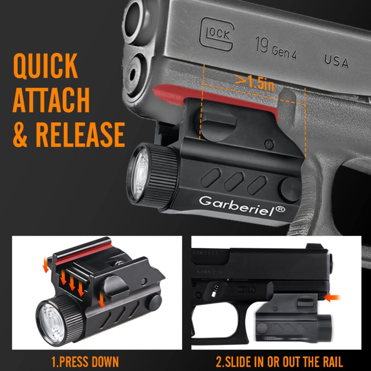 Linterna táctica de montaje en riel de pistola, 1650 LM recargable Glock pistola luz linterna LED con cargador para Glock, linterna de riel