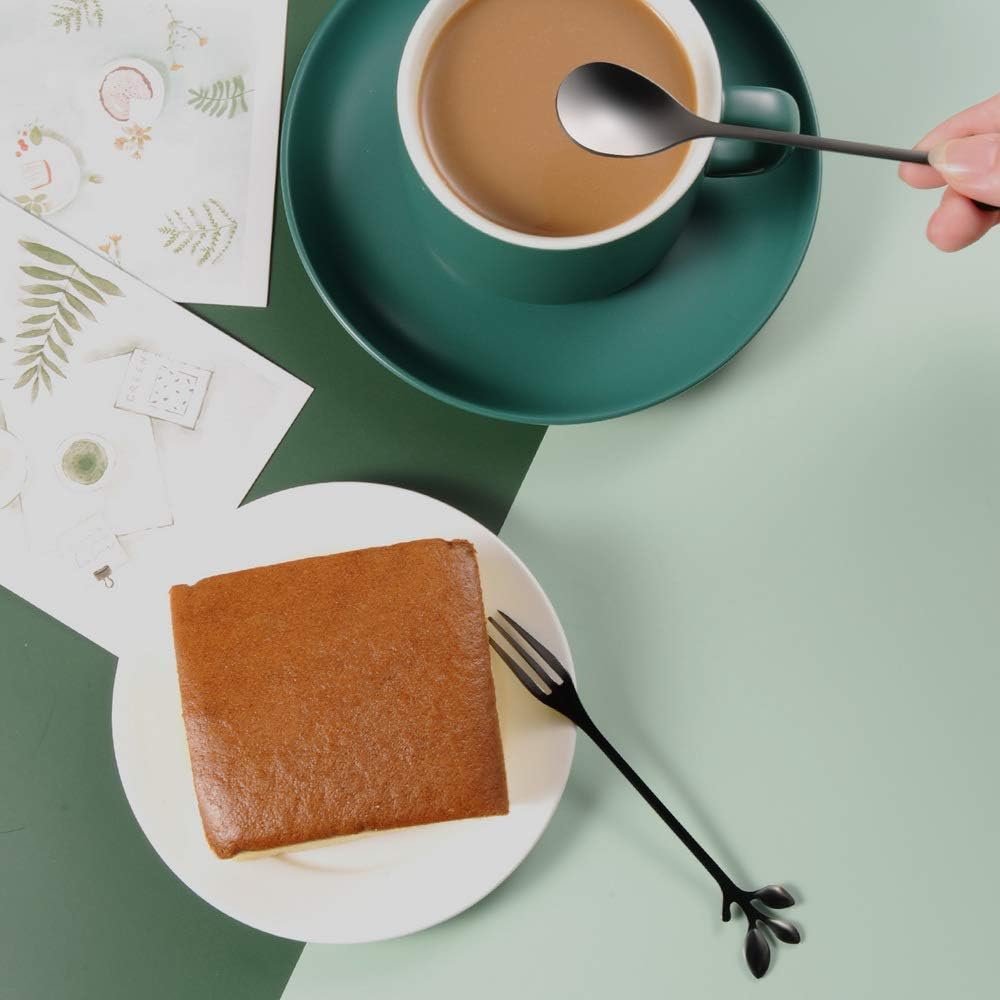 AnSaw Soporte de base de cisne negro con 20 cucharas de café y tenedores de postre con mango de hoja pequeña de 4.7 pulgadas (negro, 10+10)