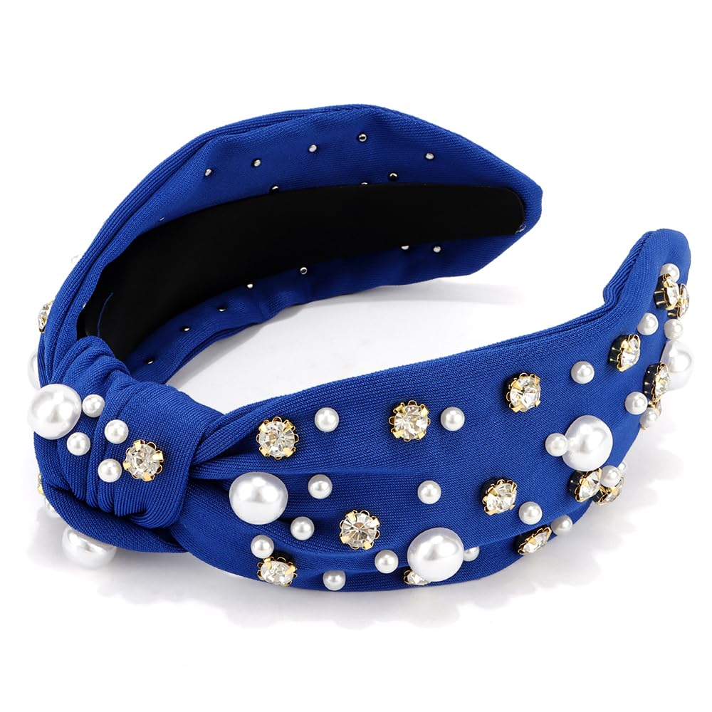 Atoden Diademas anudadas con diamantes de imitación de perlas azul real para mujer, diademas anchas con nudo superior con cuentas, bandas de cabeza