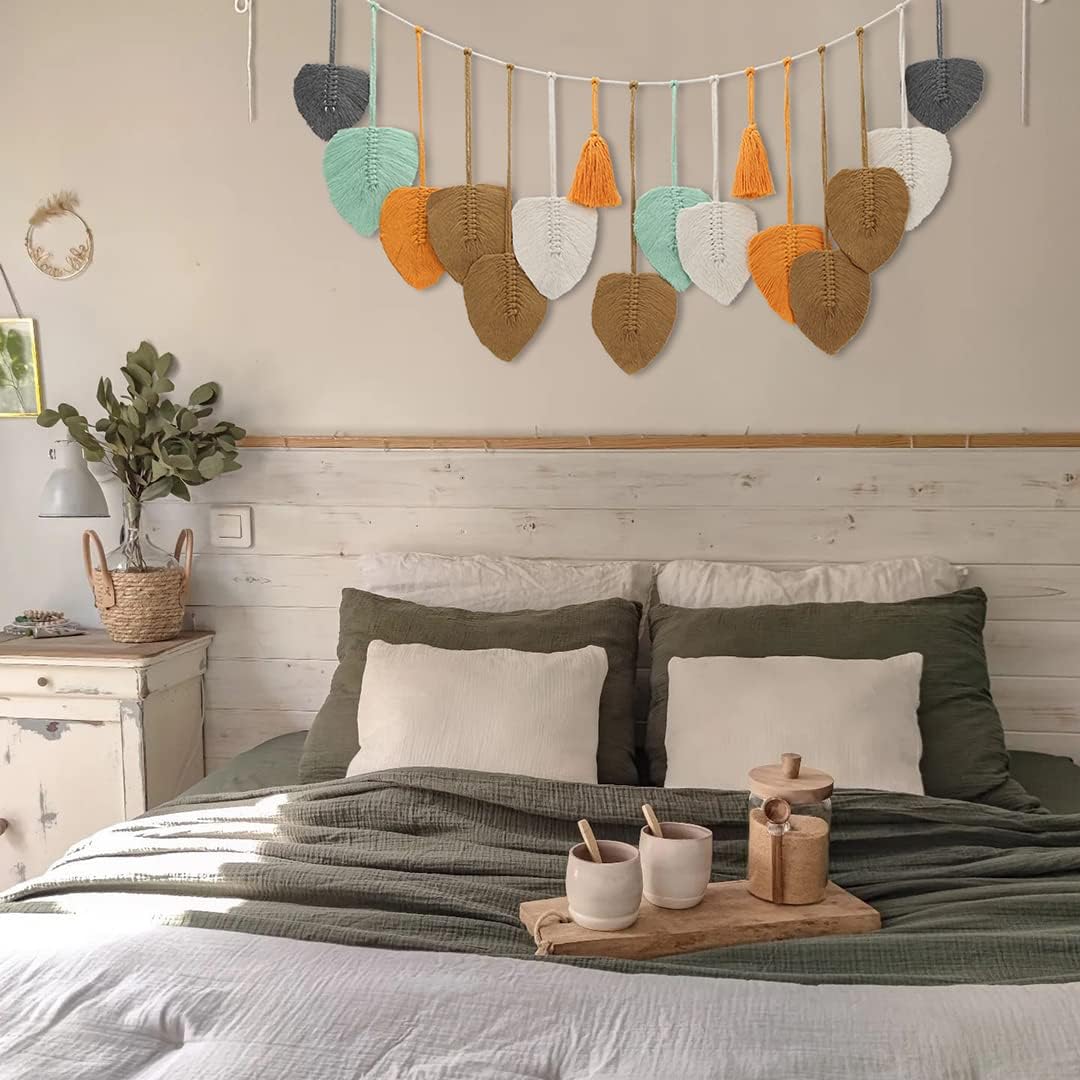 LOSOUR Macrame Wall Hanging,Boho Wall Decor Feather Woven Leaves Tassels Decoration,Handmade Scandinavian Decor, Wall Art for Bedroom, Headboard,