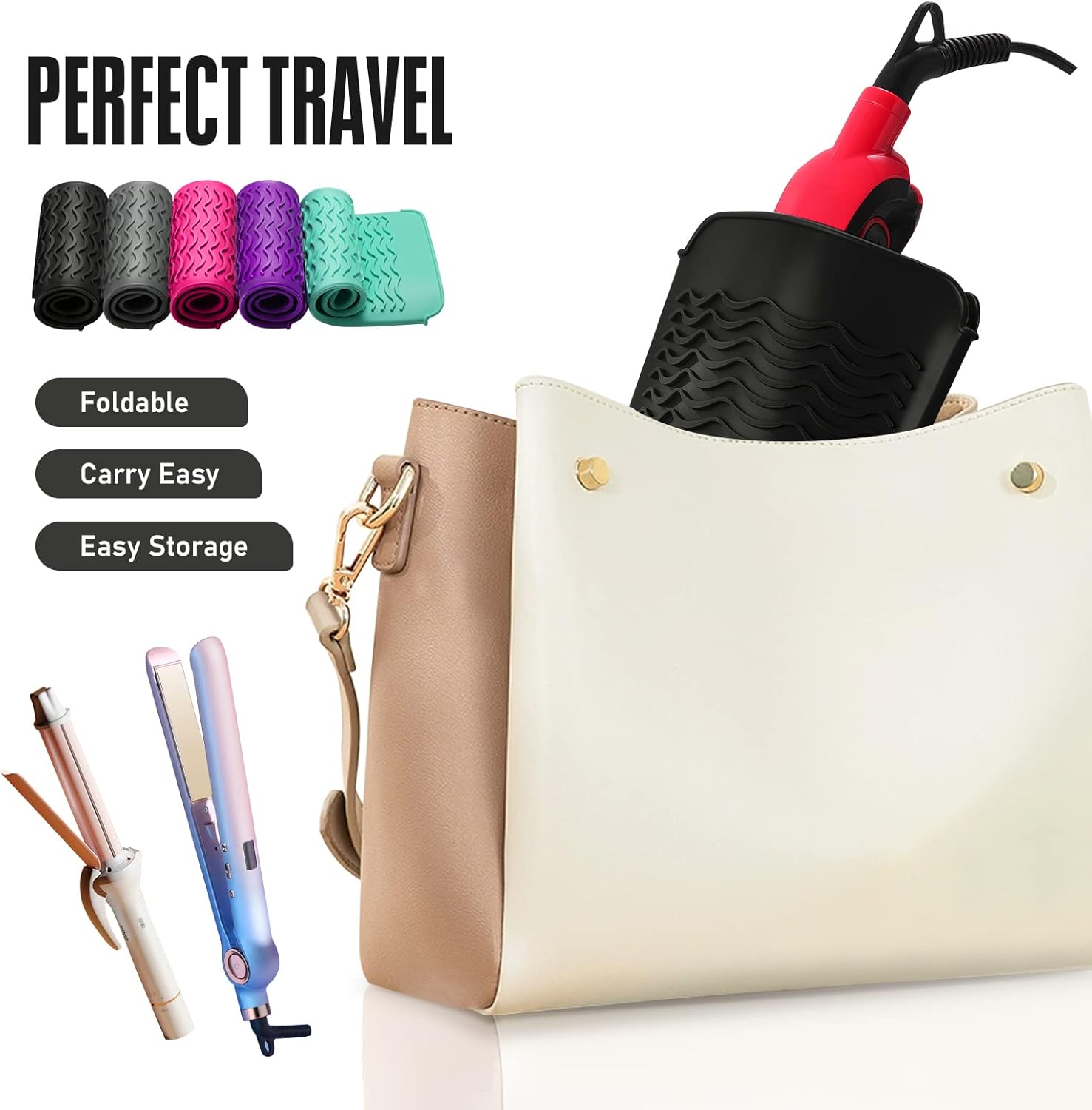 Bolsa de silicona resistente al calor para alisadora de cabello, plancha plana, rizador, herramientas de pelo caliente (negro)