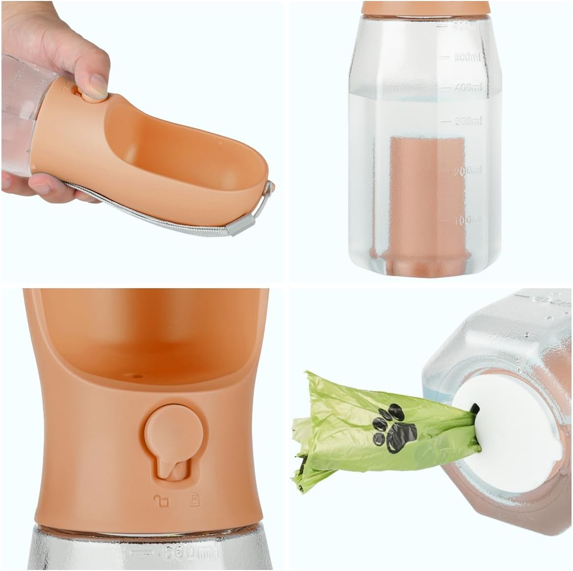 Botella de agua 3 en 1 para perro, dispensador de agua portátil para cachorros con comedero para beber, con espacio para bolsas de basura para