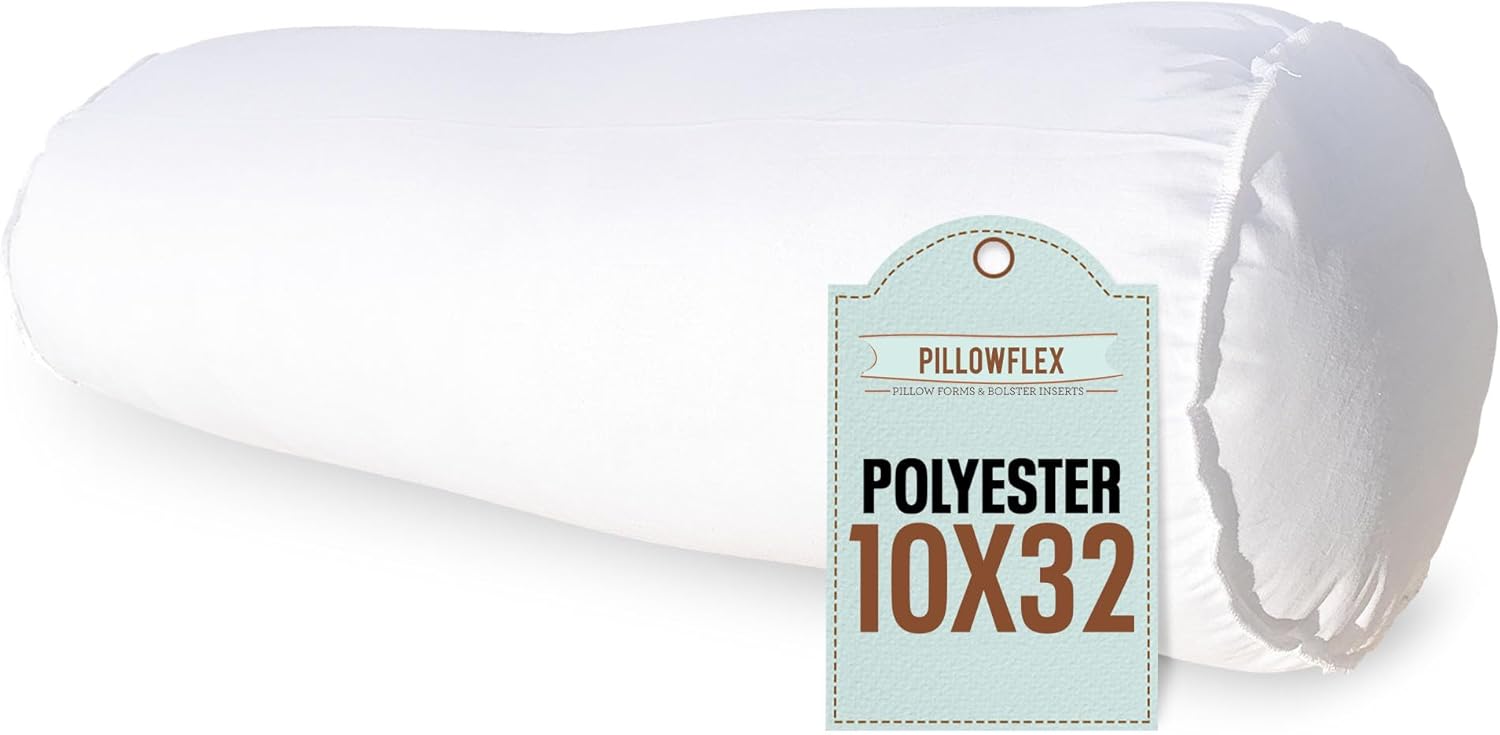 Pillowflex Almohada de almohada (10 x 32)  Almohada redonda blanca suave con relleno de poliéster de felpa, viene en una carcasa de polialgodón,