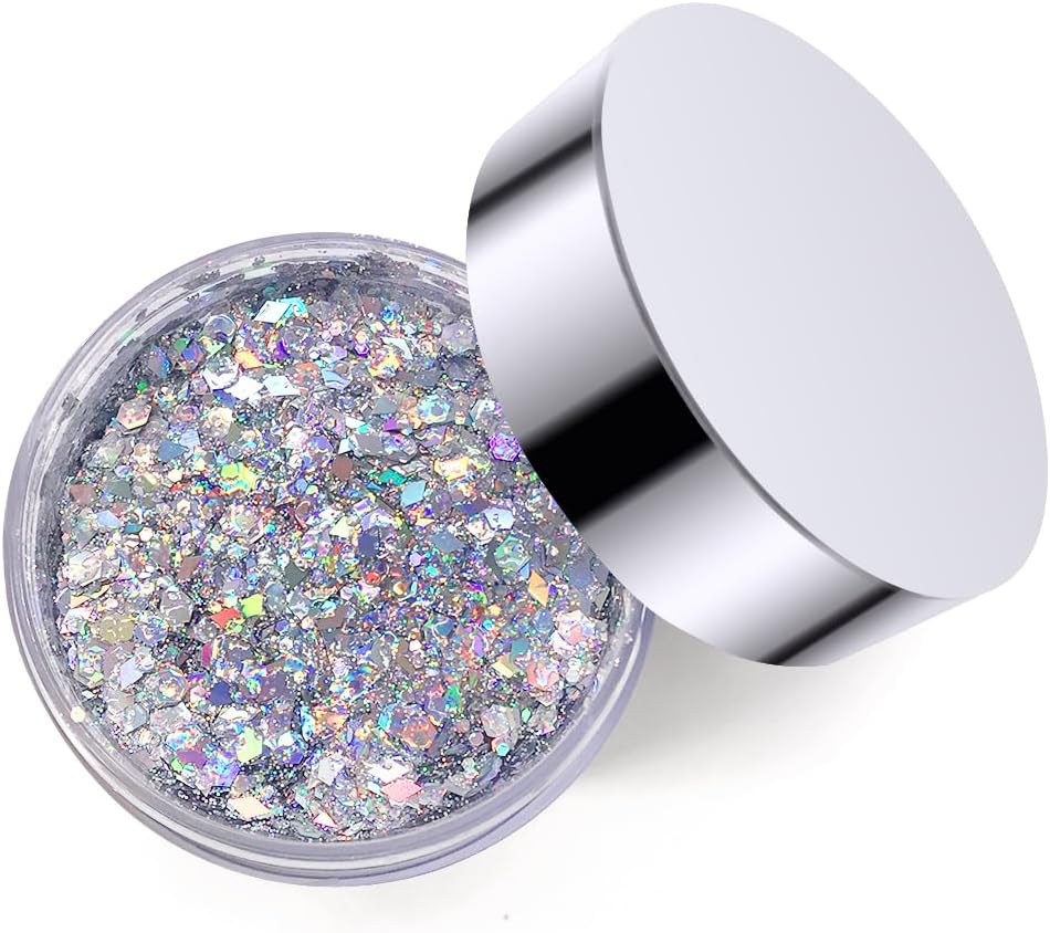 Electric Bliss Beauty – Gel holográfico plateado con purpurina corporal para cuerpo, cara, cabello, vegano y libre de crueldad animal (plata