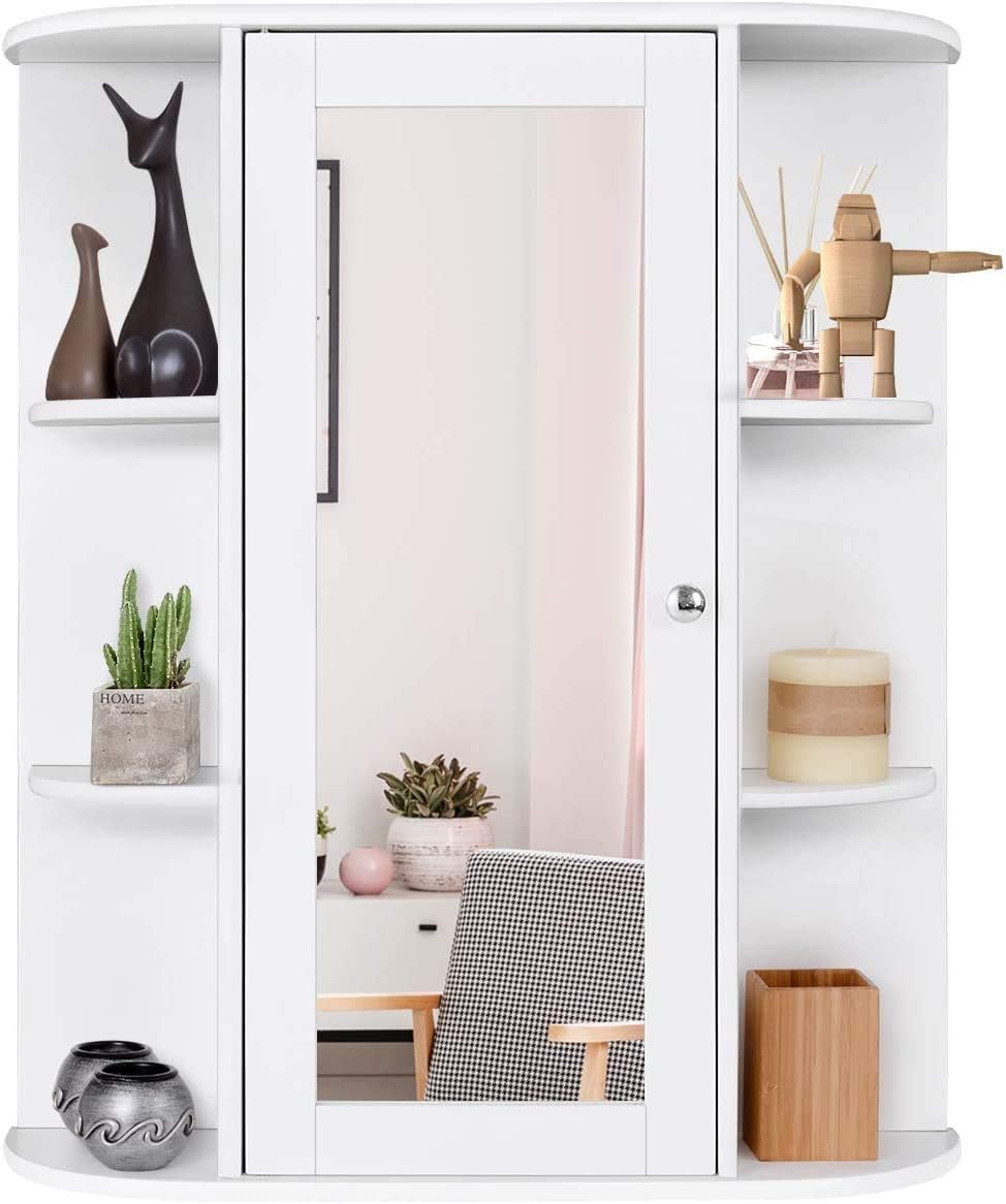 Estante de armario montado en la pared con espejo de una sola puerta de 3 niveles, color blanco