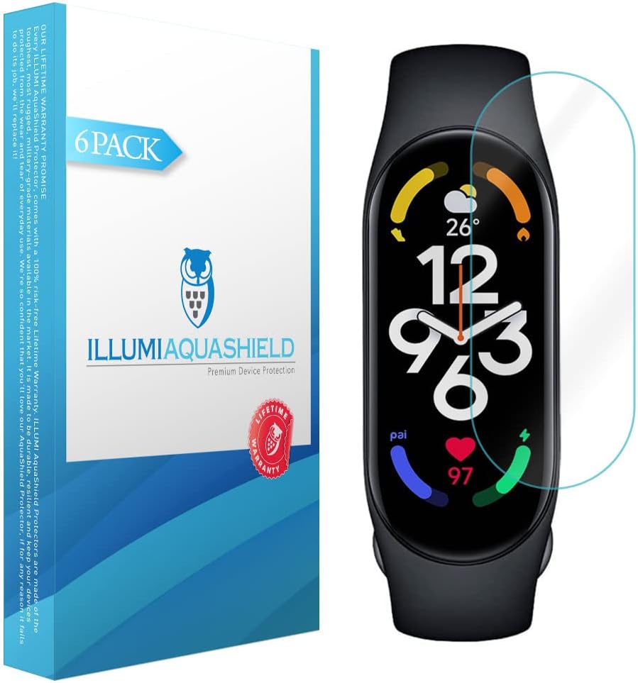 ILLUMI AquaShield – Protector de pantalla compatible con Xiaomi Mi Band 7 (paquete de 6) sin burbujas de alta definición transparente y flexible