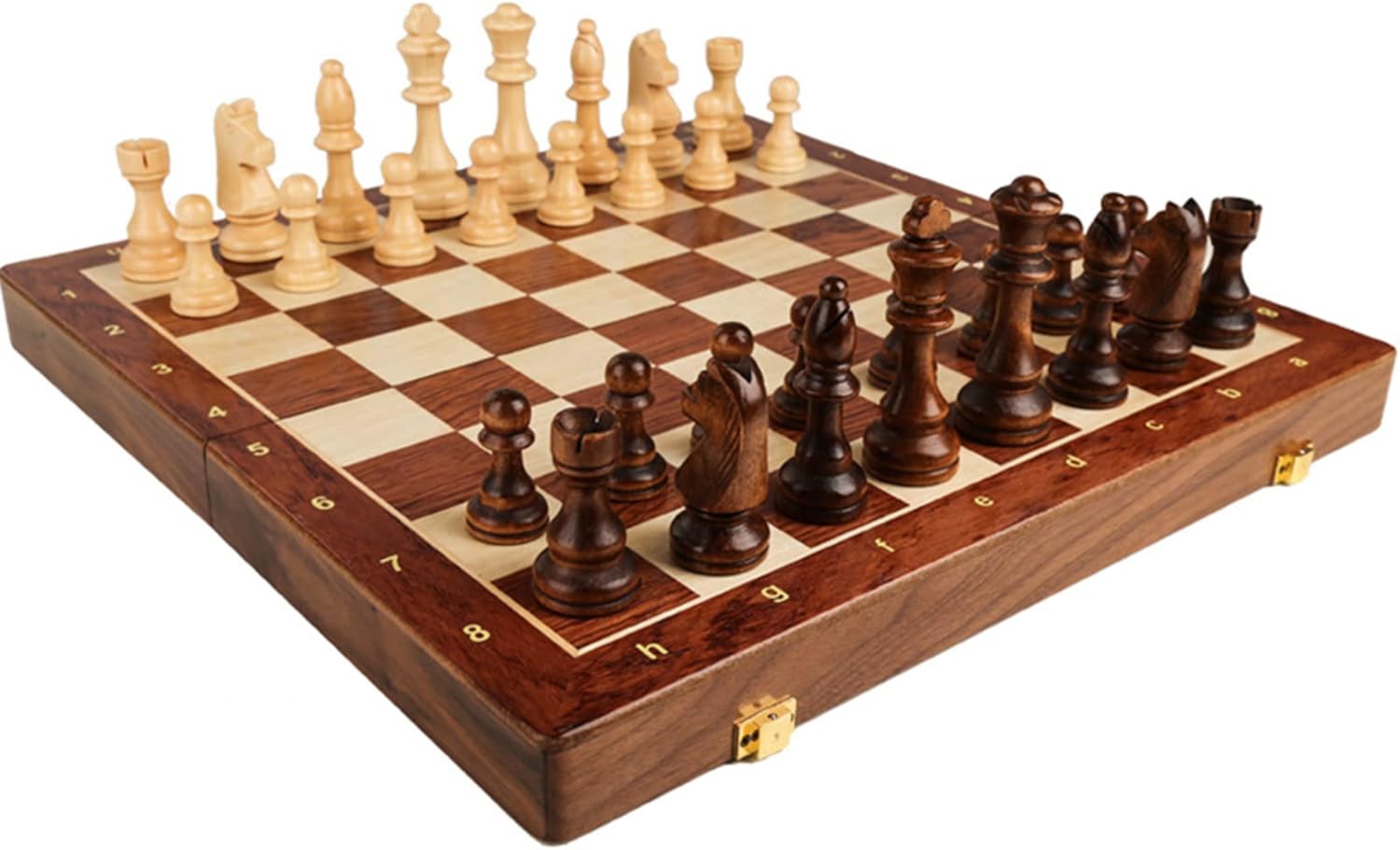 Juego de ajedrez de 15 x 15 pulgadas, juego de ajedrez de madera de nogal con incrustaciones con tablero de ajedrez plegable, piezas de ajedrez