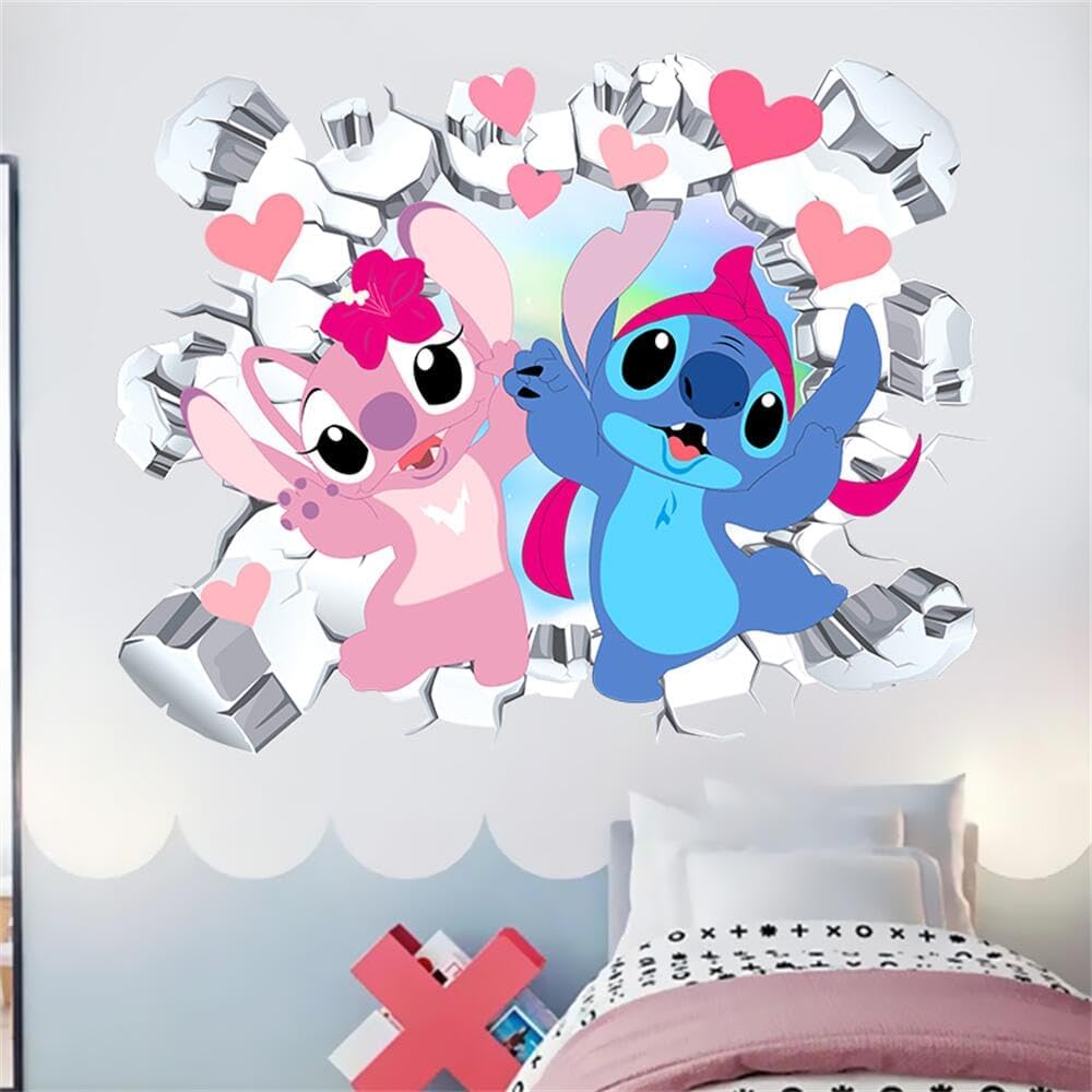 FANG LIAN – Calcomanías de pared de Lilo y Stitch, calcomanías de pared de dibujos animados, diseño de puntada extraíble, decoración mural para