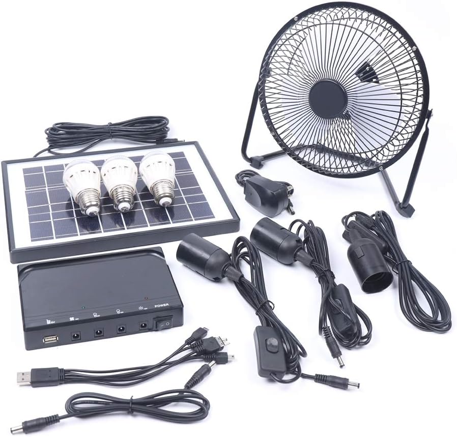 Ventilador de campamento de energía solar, iluminación de campamento, panel de energía solar, luz LED de carga USB + ventilador de sistema de CC