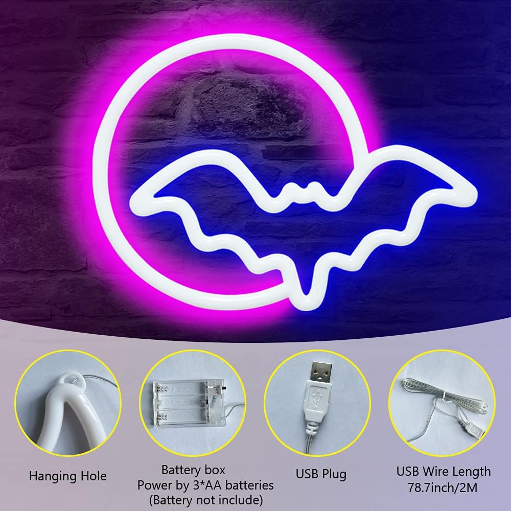 SEMETOR Letreros de neón, luces de neón LED de luna y murciélago, letrero de luz de neón para pared, USB, funciona con pilas, para decoración de