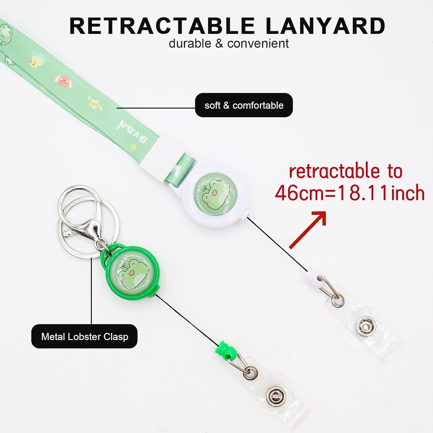 Juego de 2 cordones retráctiles de rana con soporte para identificación, divertido kawaii de pato, gato, perro, caricatura, soporte para tarjetas de
