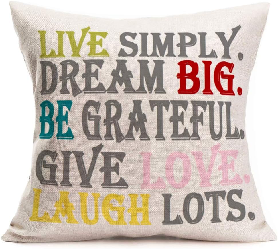 Doitely Funda de almohada colorida con citas inspiradoras, Live Simply Dream Big Be Greatful, Give Love Laugh Lots Simple Words, funda de cojín de