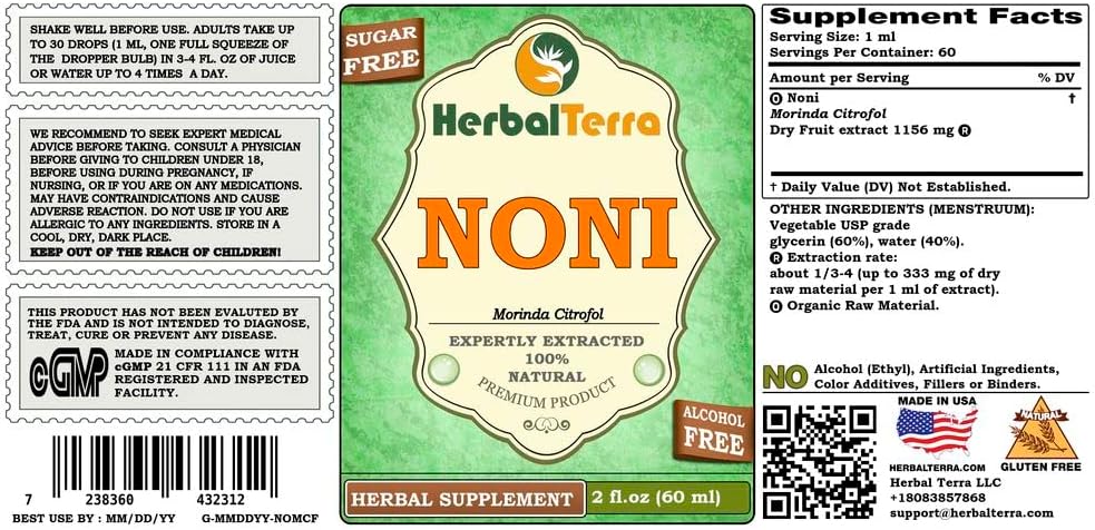 Noni (Morinda Citrofol) Glicerita, Frutas Secas Orgánicas Extracto Líquido Sin Alcohol 2 oz