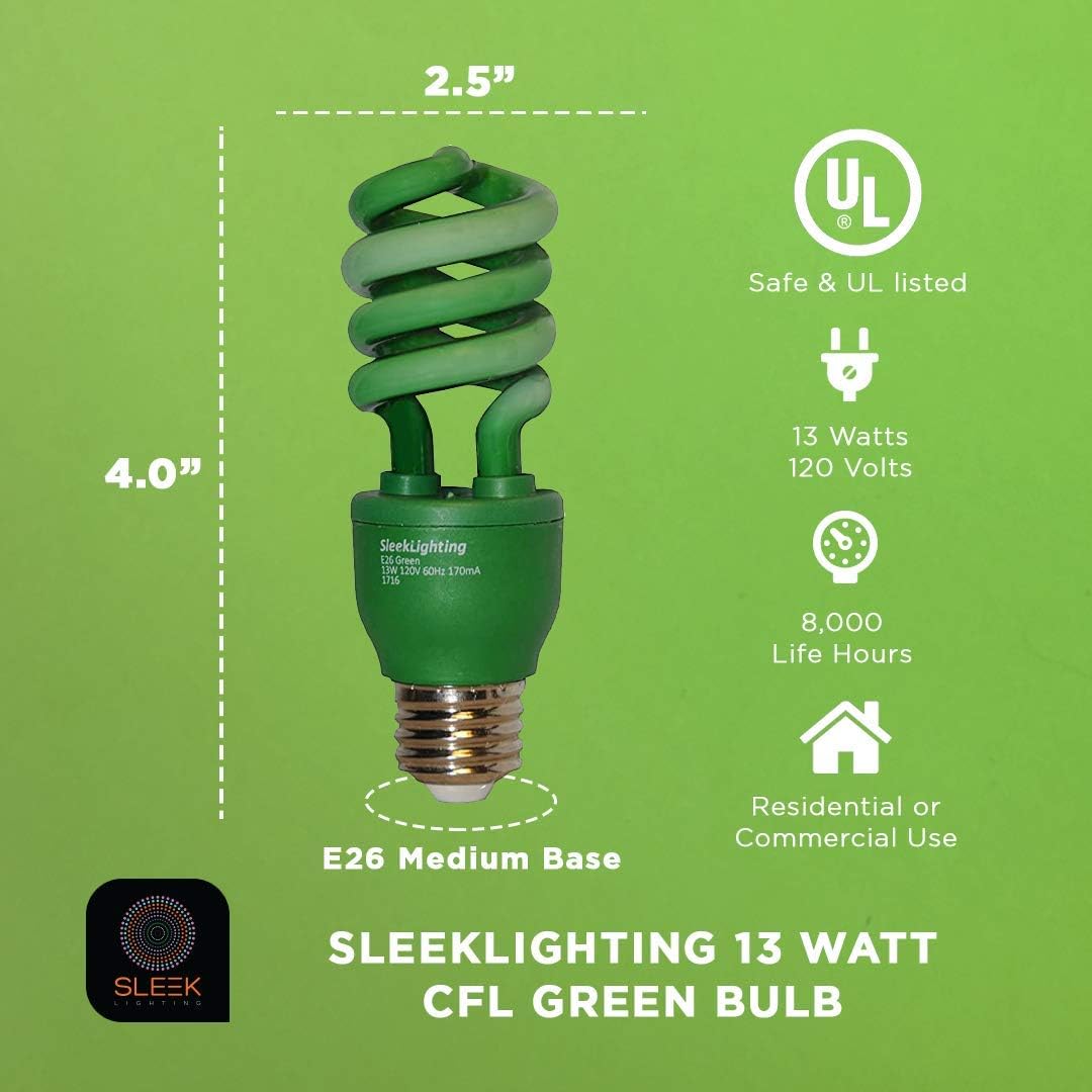 SLEEKLIGHTING Bombilla CFL en espiral verde de 13 W, aprobada por UL, bombillas verdes CFL de uso general, 120 voltios, base mediana E26 (paquete de