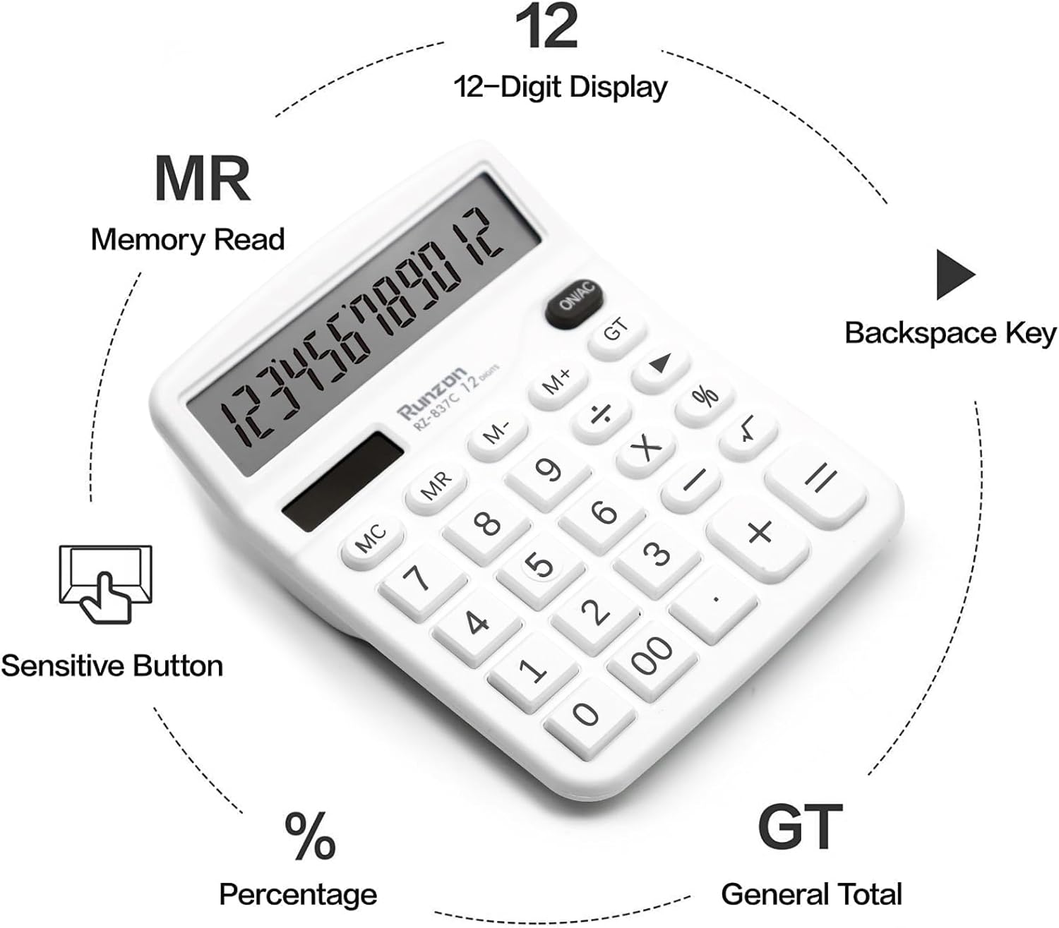 Calculadora blanca, calculadora de oficina básica, calculadora de escritorio de 12 dígitos, pantalla LCD grande para suministros de oficina blancos